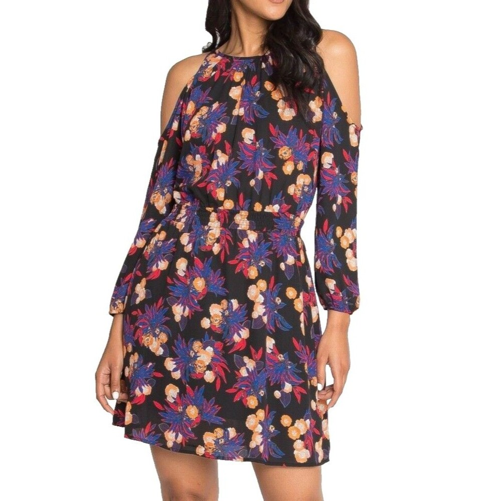 Wet Seal Floral Print Black Multi-color Cold Shoulder Women Dress Size Medium